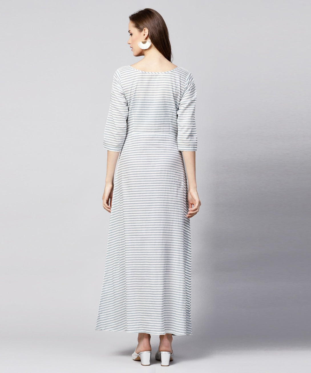 Blue striped 3/4th sleeve cotton A-line maxi dress | NOZ2TOZ - Made In INDIA.