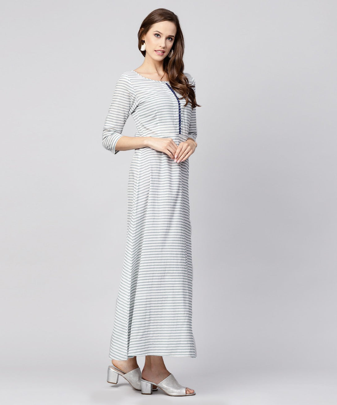 Blue striped 3/4th sleeve cotton A-line maxi dress | NOZ2TOZ - Made In INDIA.