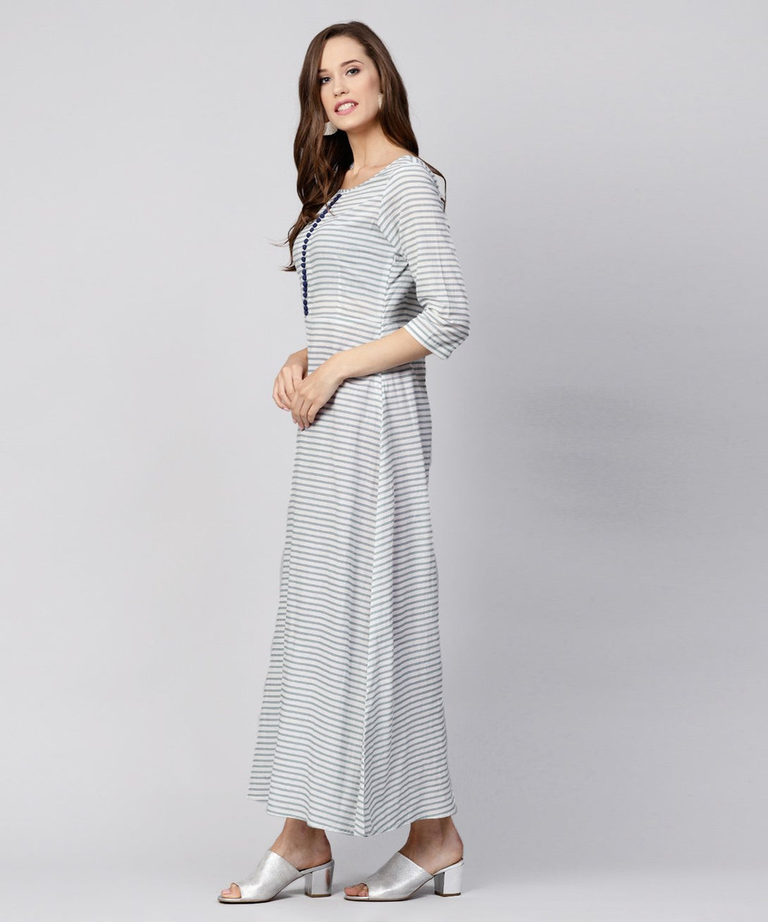 Blue striped 3/4th sleeve cotton A-line maxi dress | NOZ2TOZ - Made In INDIA.