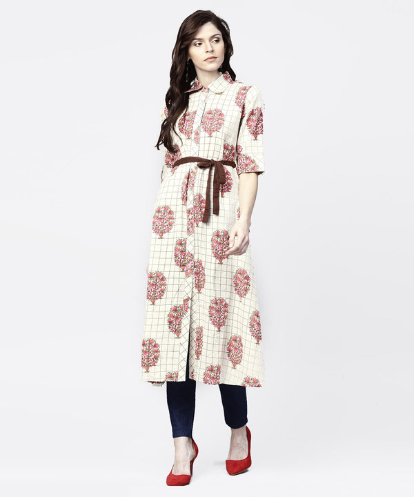 White check printed half sleeve front open tunic with belt | NOZ2TOZ - Made In INDIA.