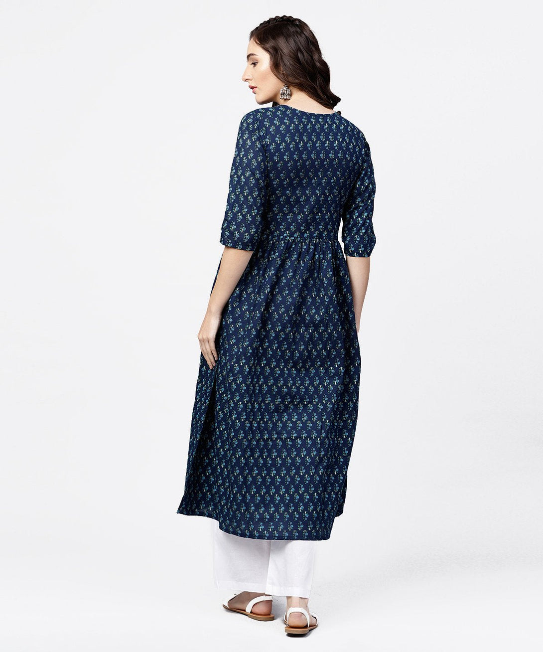 Blue printed gathered A-line kurta with white palazzo | NOZ2TOZ - Made In INDIA.