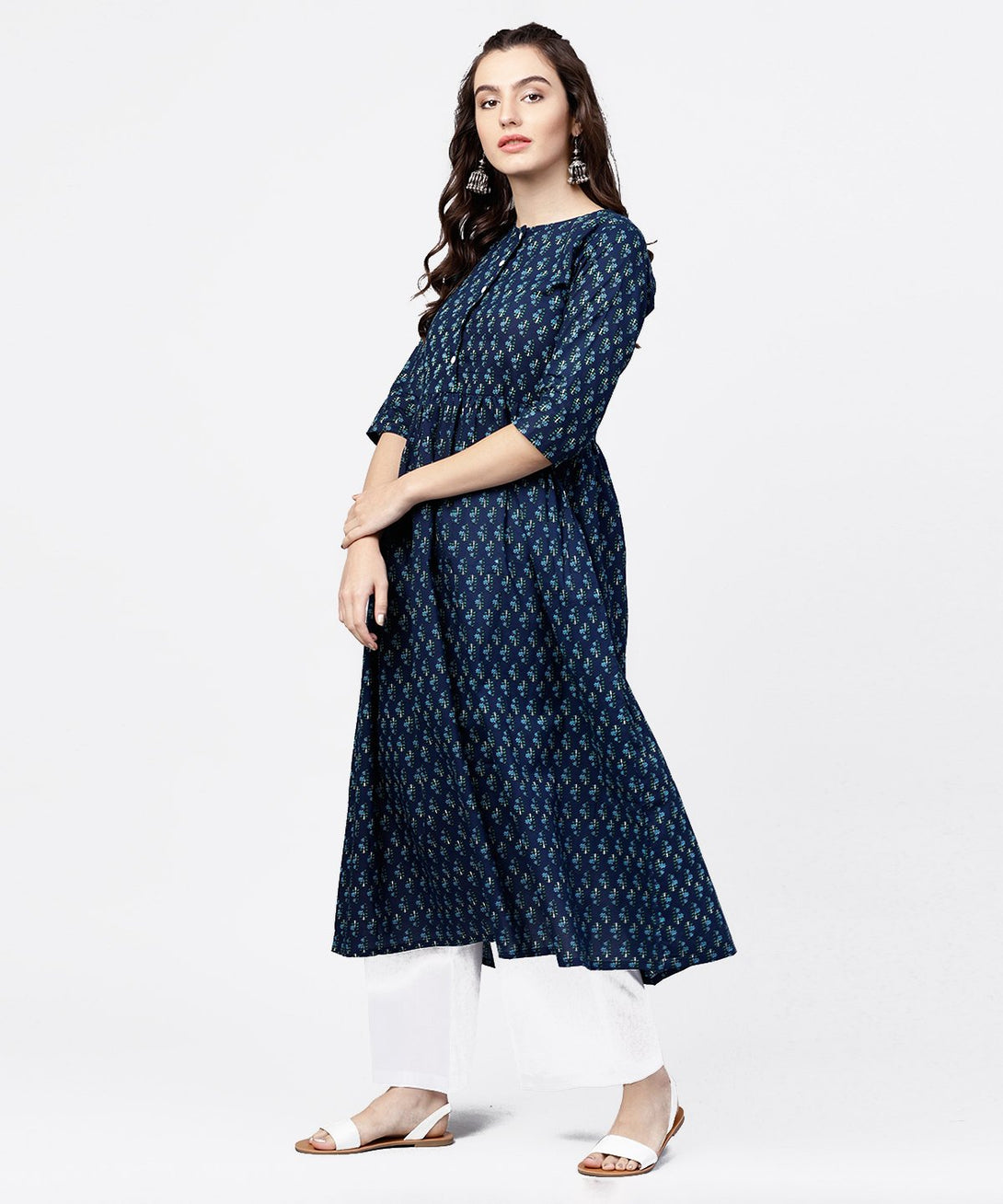 Blue printed gathered A-line kurta with white palazzo | NOZ2TOZ - Made In INDIA.