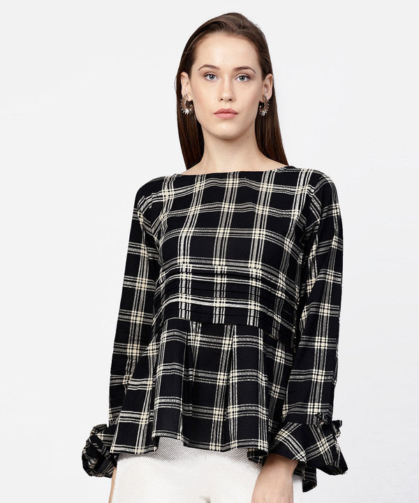 Black check peplum style tops with flared sleeve | NOZ2TOZ - Made In INDIA.