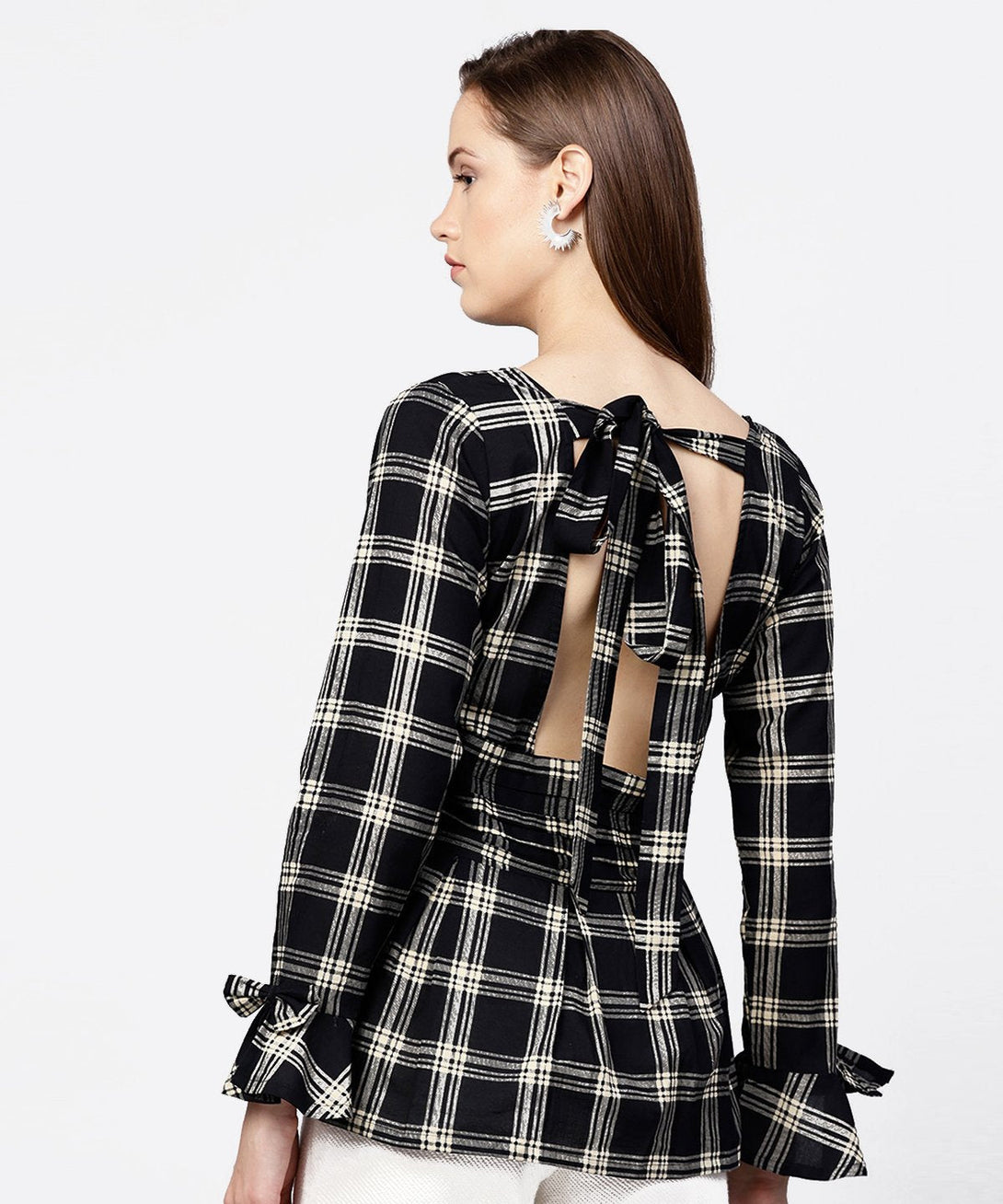 Black check peplum style tops with flared sleeve | NOZ2TOZ - Made In INDIA.