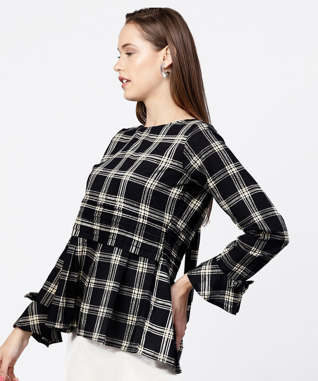 Black check peplum style tops with flared sleeve | NOZ2TOZ - Made In INDIA.