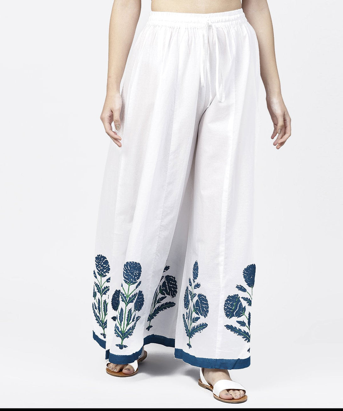 Solid white hand block printed flared palazzo | NOZ2TOZ - Made In INDIA.