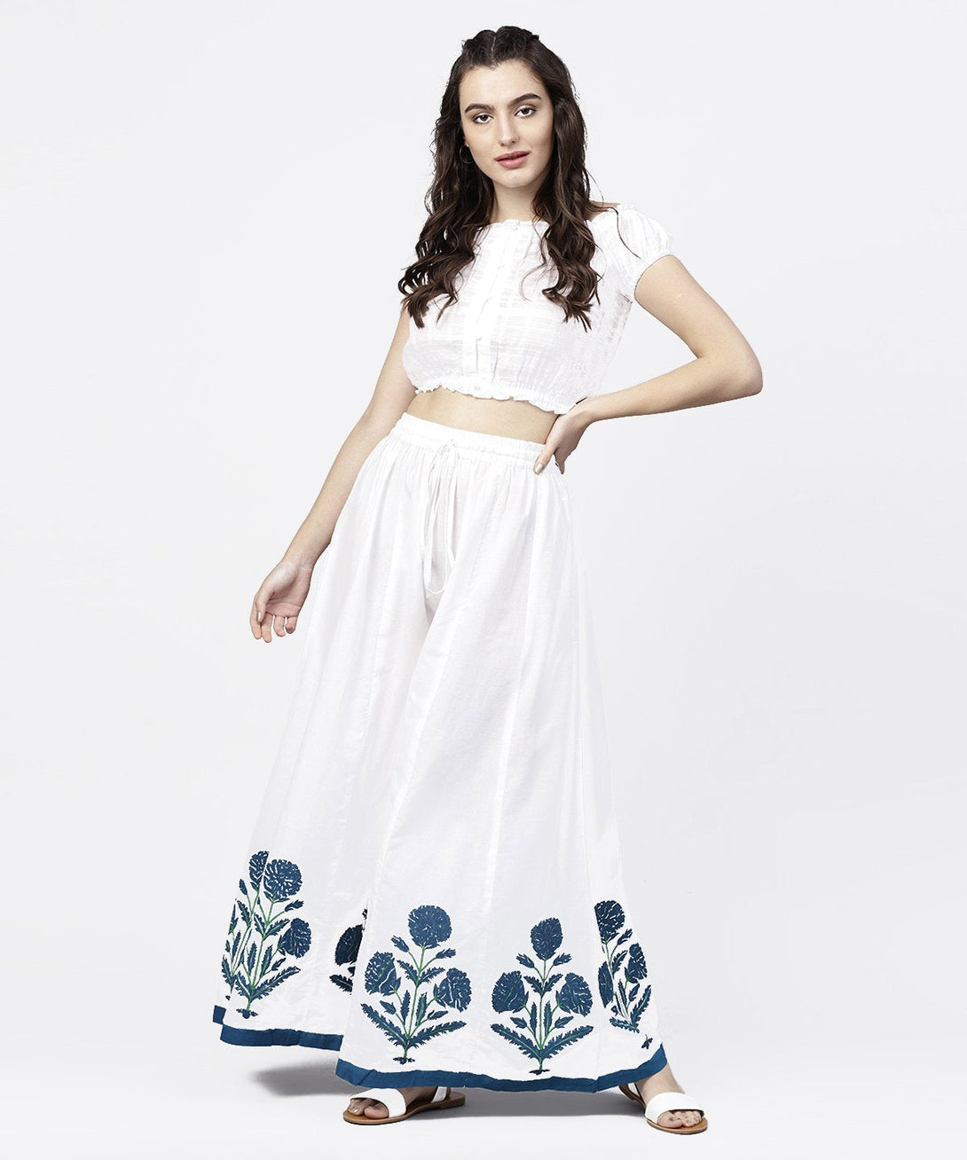 Solid white hand block printed flared palazzo | NOZ2TOZ - Made In INDIA.