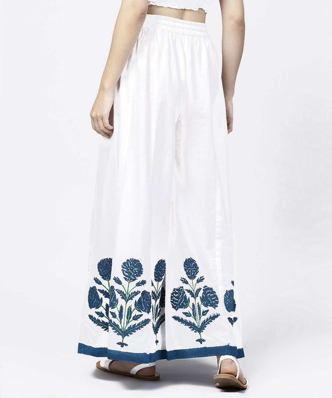 Solid white hand block printed flared palazzo | NOZ2TOZ - Made In INDIA.