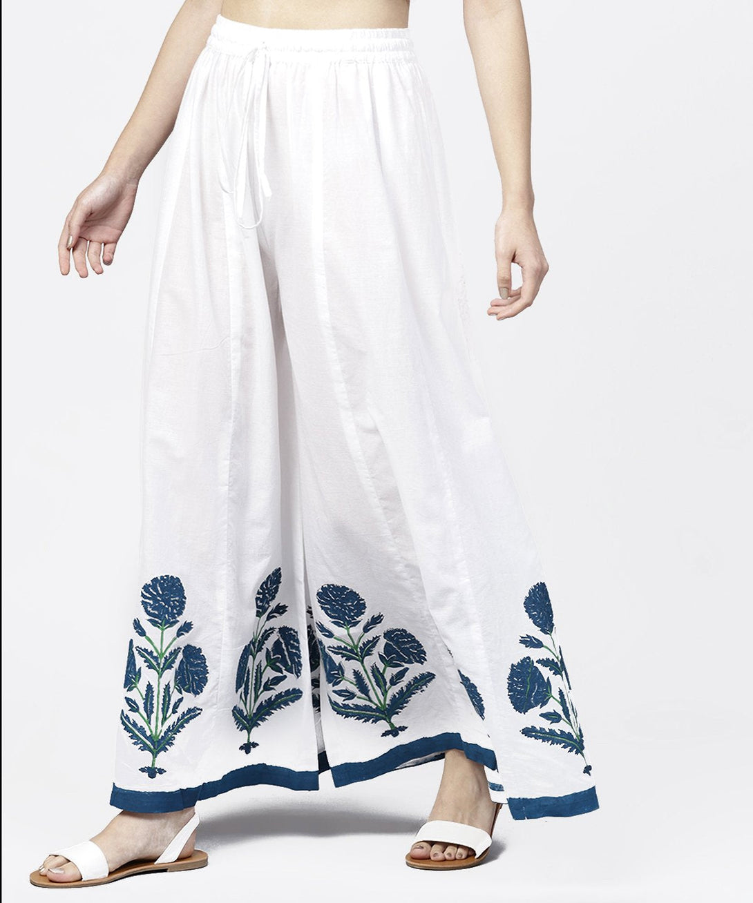 Solid white hand block printed flared palazzo | NOZ2TOZ - Made In INDIA.