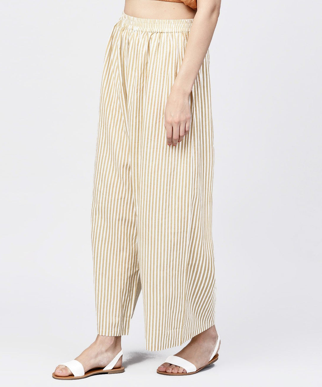 Yellow striped printed ankle length cotton regular fit palazzo | NOZ2TOZ - Made In INDIA.