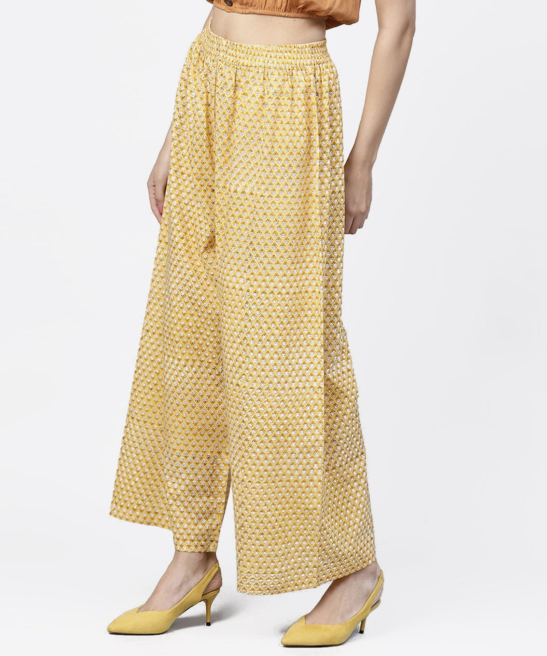 Yellow  printed ankle length cotton regular fit palazzo | NOZ2TOZ - Made In INDIA.