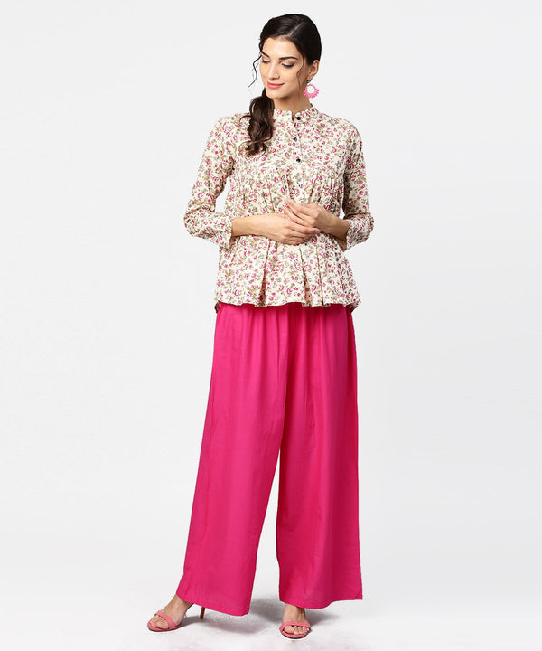 Floral printed 3/4th sleeve short cotton top with solid pink palazzo | NOZ2TOZ - Made In INDIA.