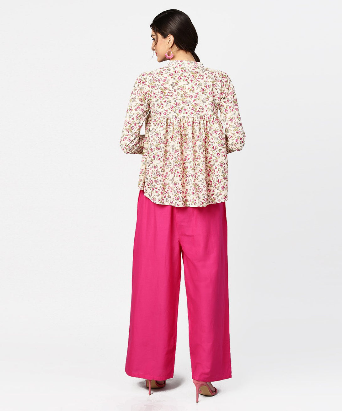 Floral printed 3/4th sleeve short cotton top with solid pink palazzo | NOZ2TOZ - Made In INDIA.