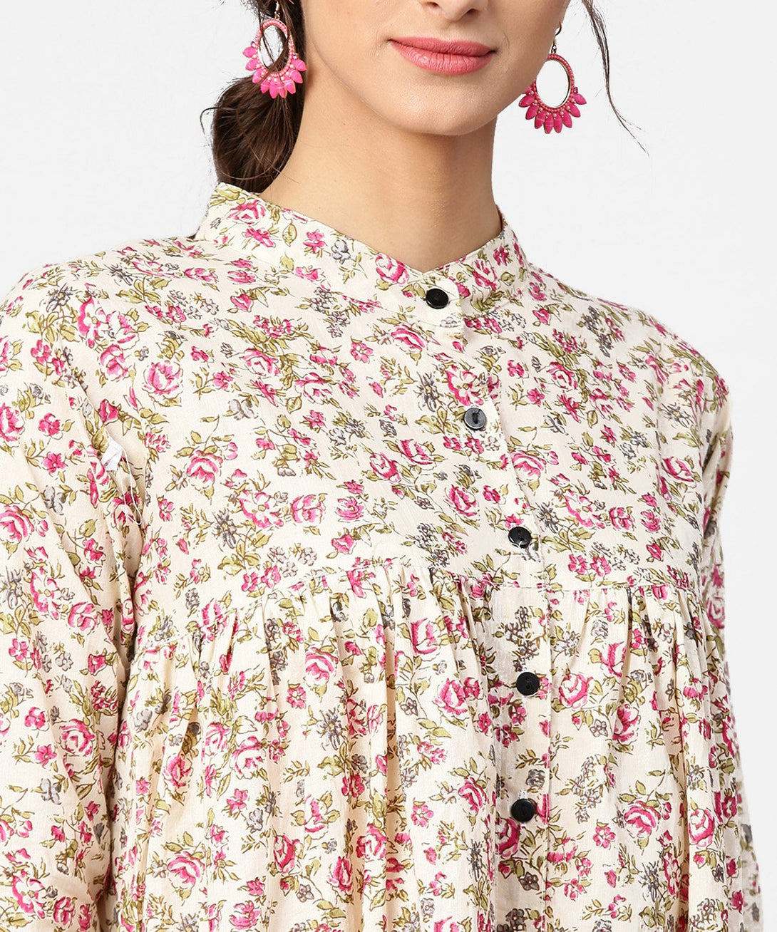 Floral printed 3/4th sleeve short cotton top with solid pink palazzo | NOZ2TOZ - Made In INDIA.