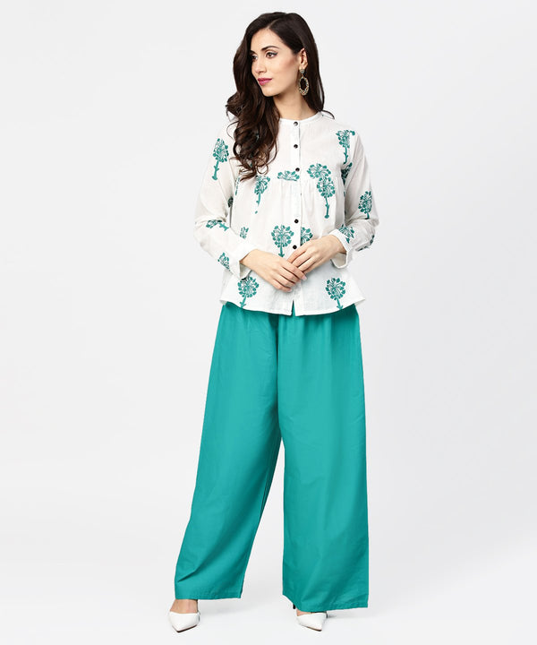 White printed 3/4th sleeve cotton tops with green palazzo set | NOZ2TOZ - Made In INDIA.