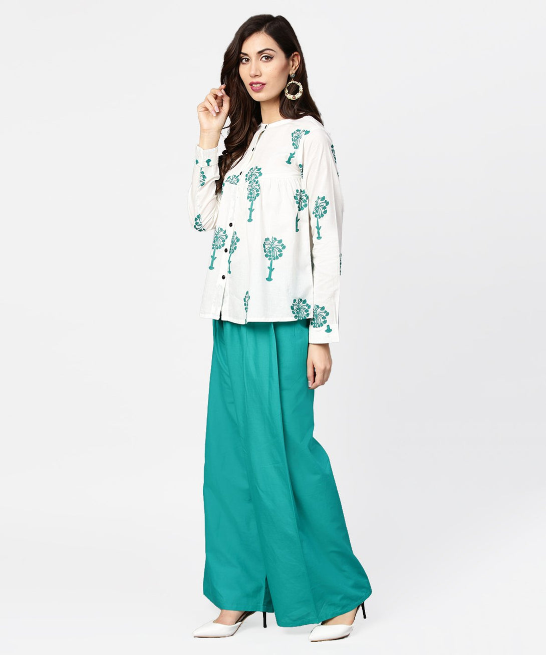 White printed 3/4th sleeve cotton tops with green palazzo set | NOZ2TOZ - Made In INDIA.