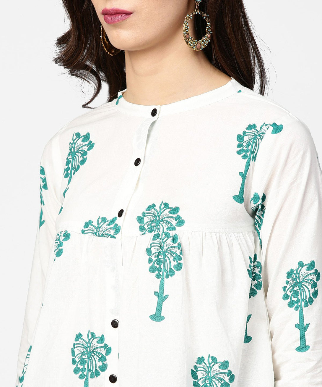 White printed 3/4th sleeve cotton tops with green palazzo set | NOZ2TOZ - Made In INDIA.