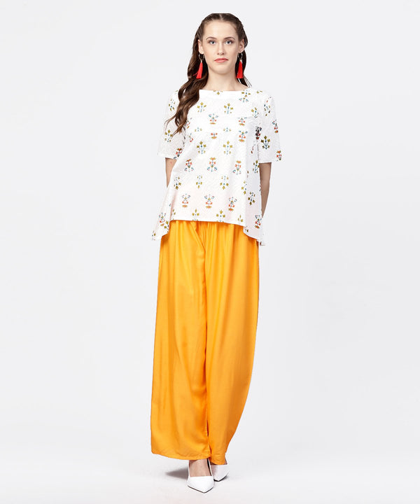 White printed half sleeve short cotton top with yellow regular fit palazzo | NOZ2TOZ - Made In INDIA.