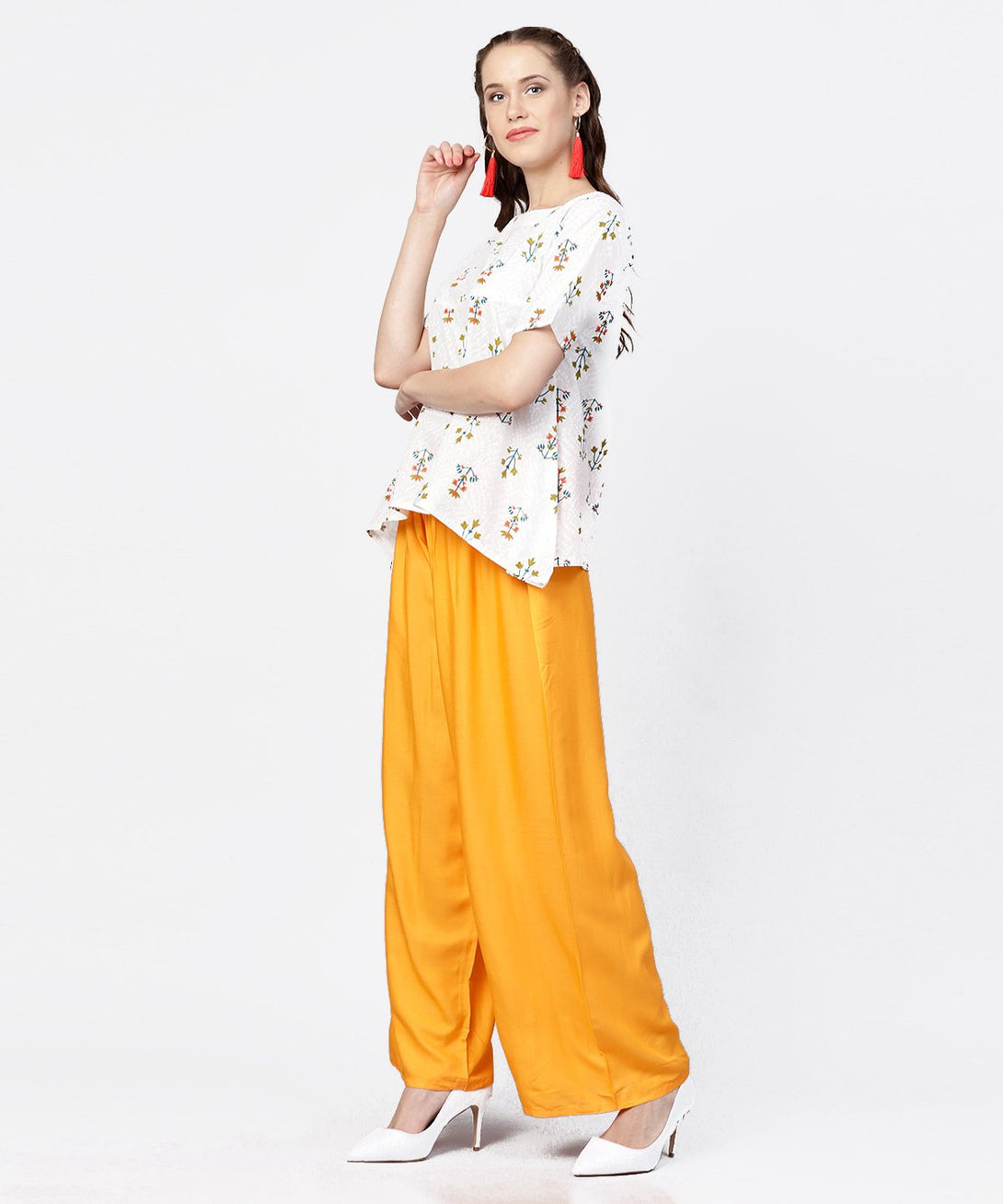 White printed half sleeve short cotton top with yellow regular fit palazzo | NOZ2TOZ - Made In INDIA.