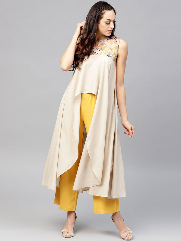 Beige asymmetric Sleeveless tunic with Round neck | NOZ2TOZ - Made In INDIA.