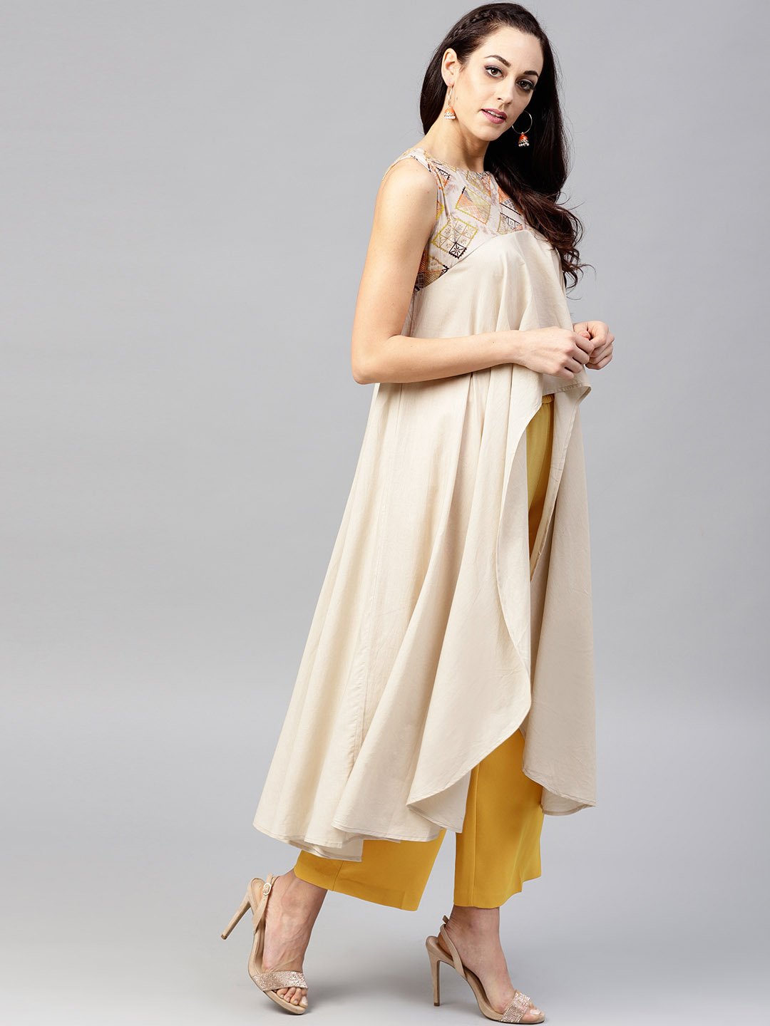 Beige asymmetric Sleeveless tunic with Round neck | NOZ2TOZ - Made In INDIA.