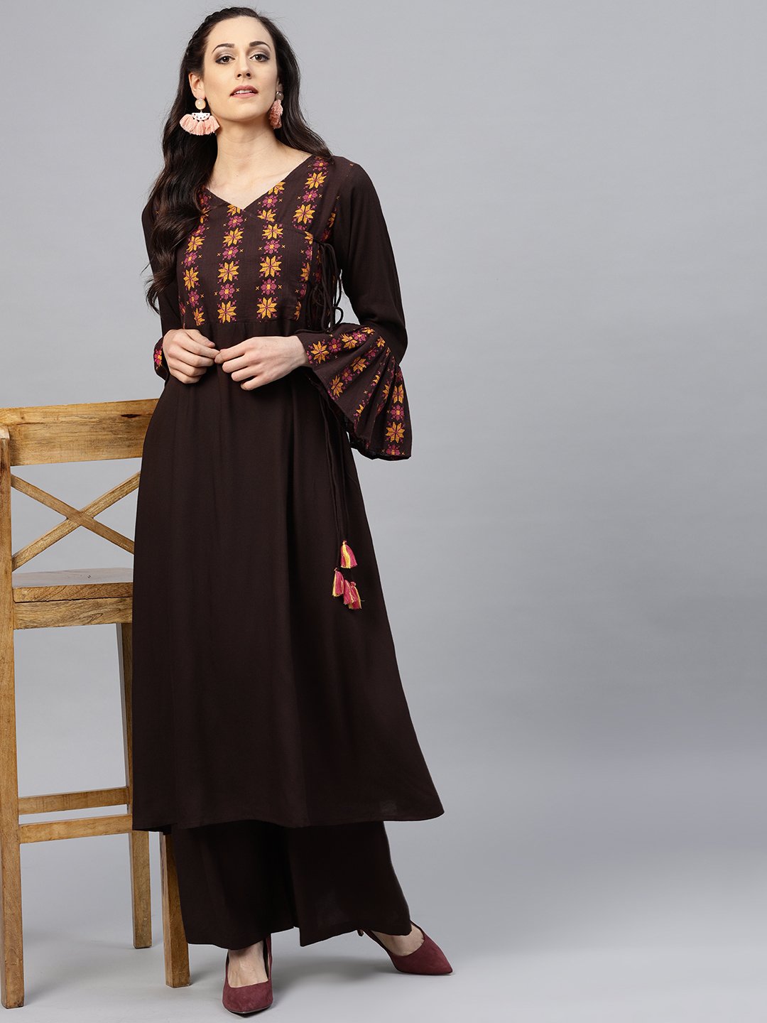 Coffee brown yoke printed 3/4 sleeve cotton kurta with ankle length palazzo | NOZ2TOZ - Made In INDIA.