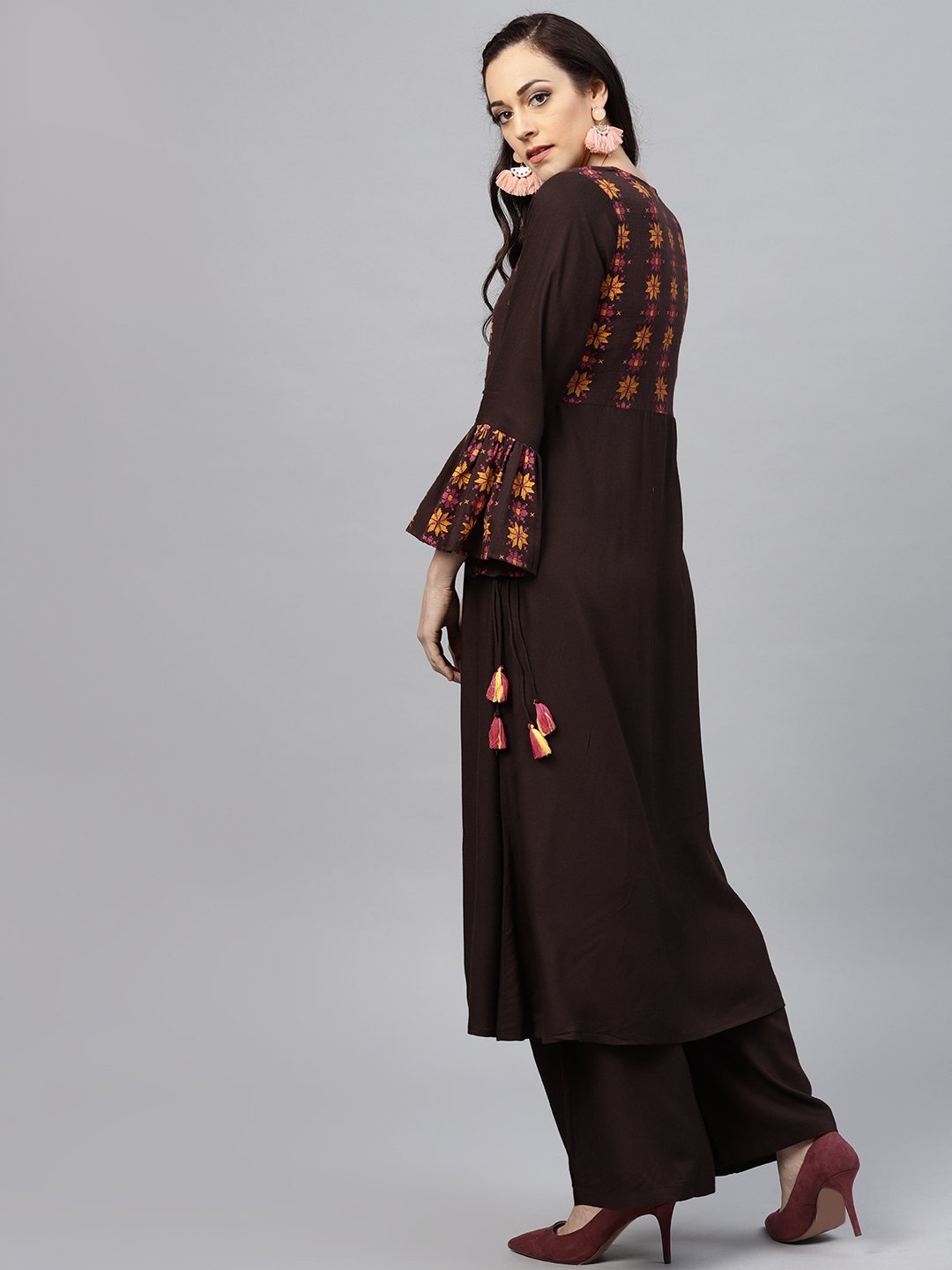 Coffee brown yoke printed 3/4 sleeve cotton kurta with ankle length palazzo | NOZ2TOZ - Made In INDIA.