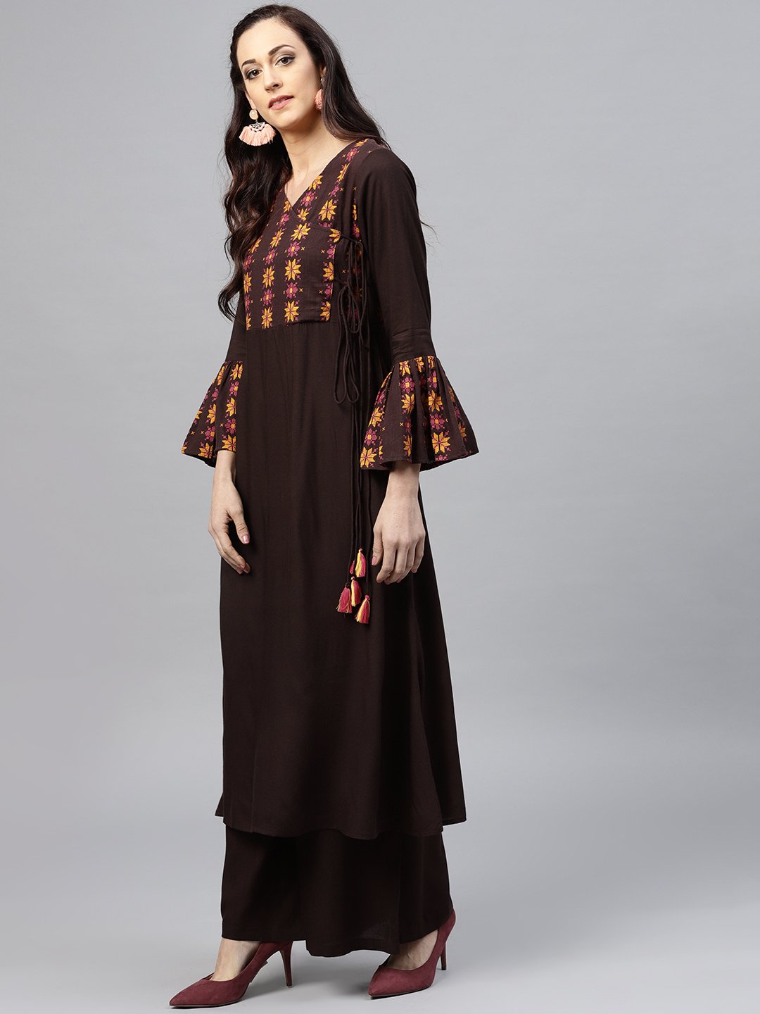 Coffee brown yoke printed 3/4 sleeve cotton kurta with ankle length palazzo | NOZ2TOZ - Made In INDIA.