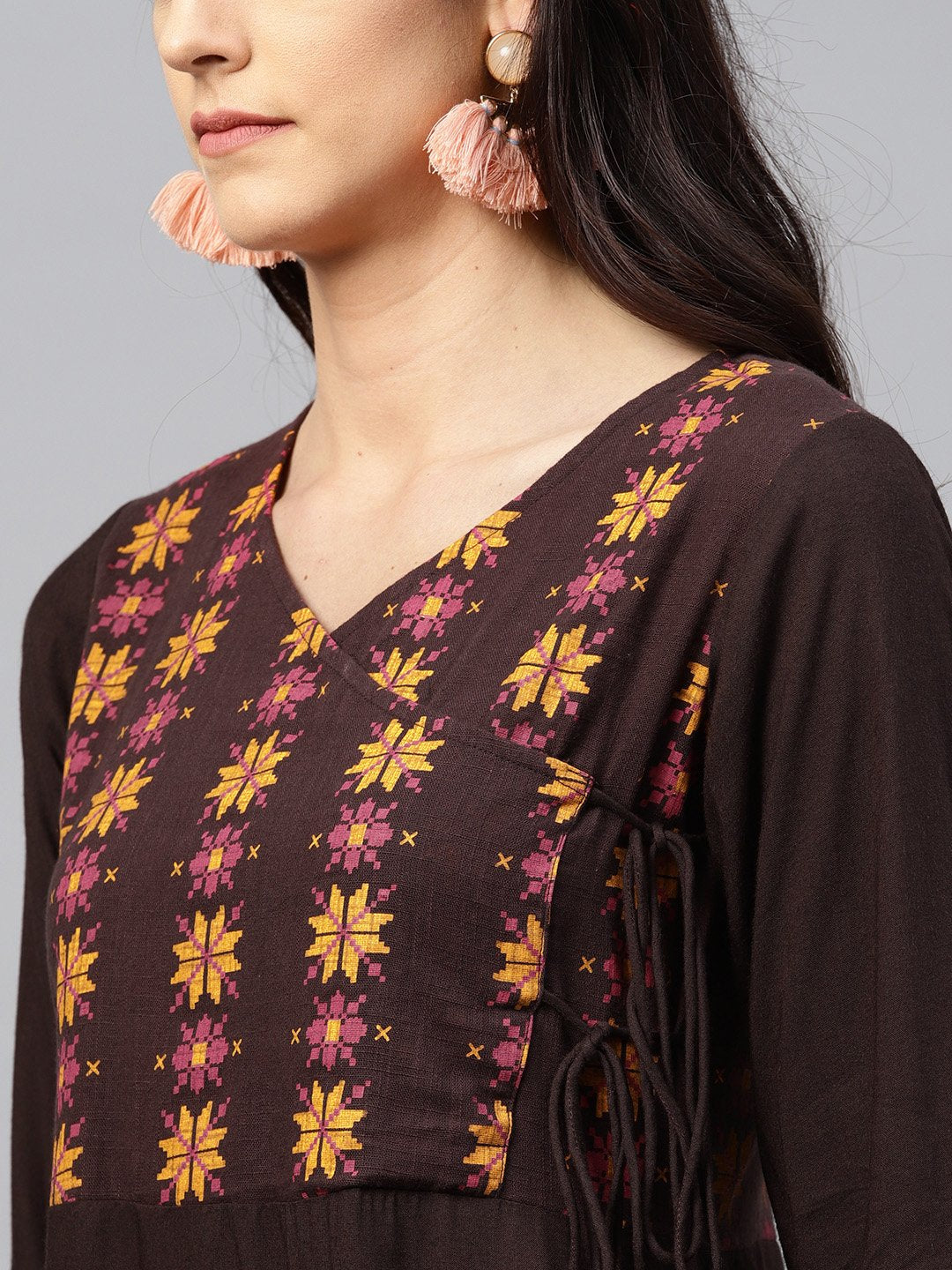 Coffee brown yoke printed 3/4 sleeve cotton kurta with ankle length palazzo | NOZ2TOZ - Made In INDIA.