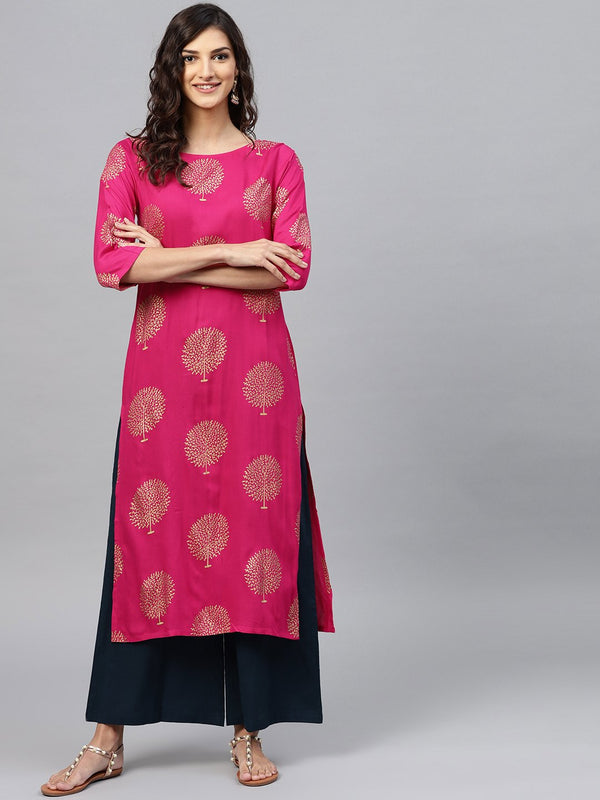 Magenta printed Kurta set with navy blue palazzo | NOZ2TOZ - Made In INDIA.