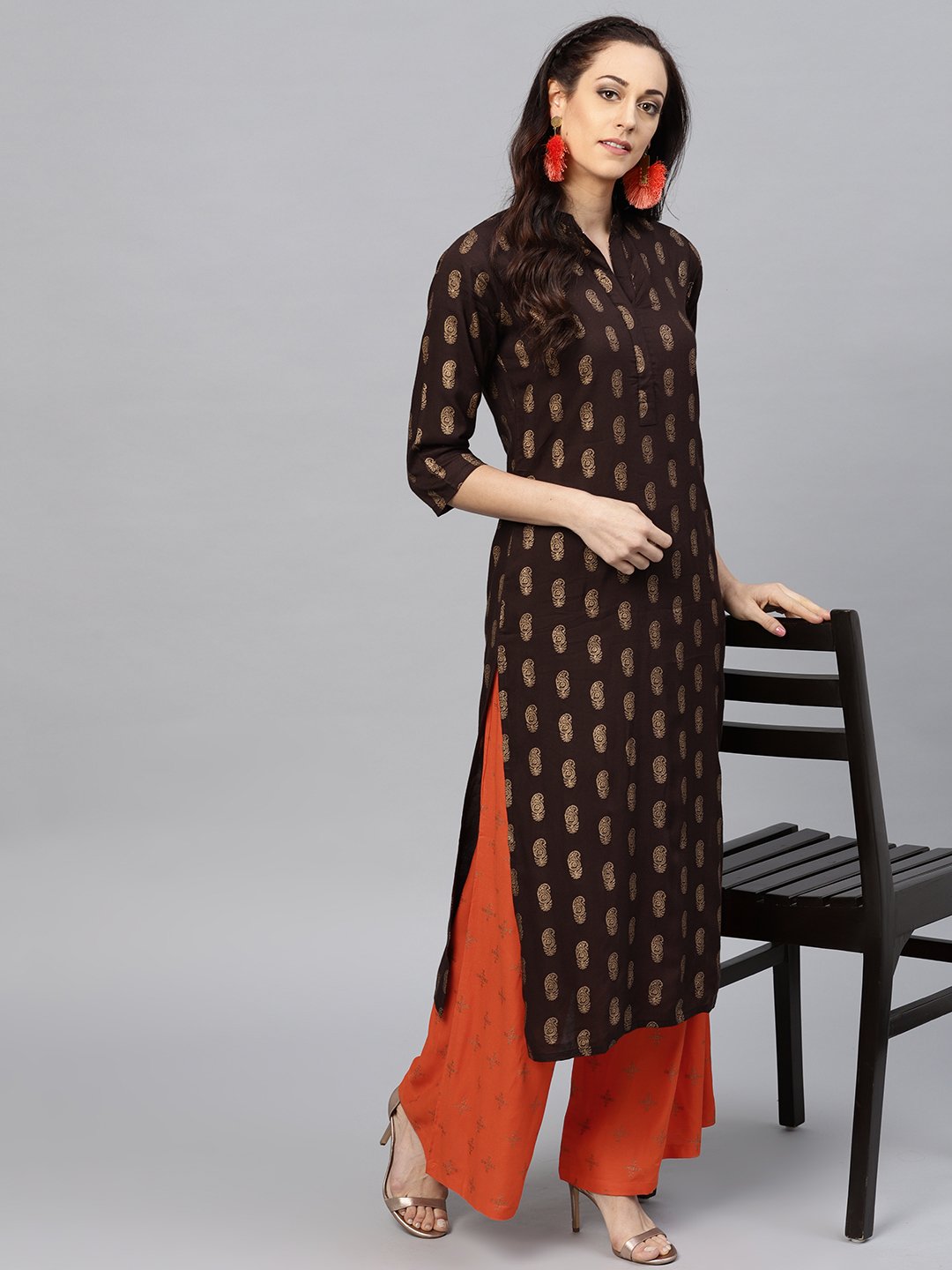 Dark Brown printed Kurta set with Orange printed Palazzo | NOZ2TOZ - Made In INDIA.