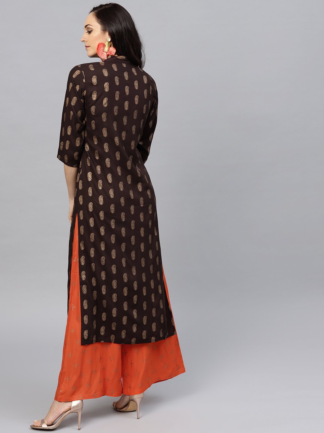 Dark Brown printed Kurta set with Orange printed Palazzo | NOZ2TOZ - Made In INDIA.