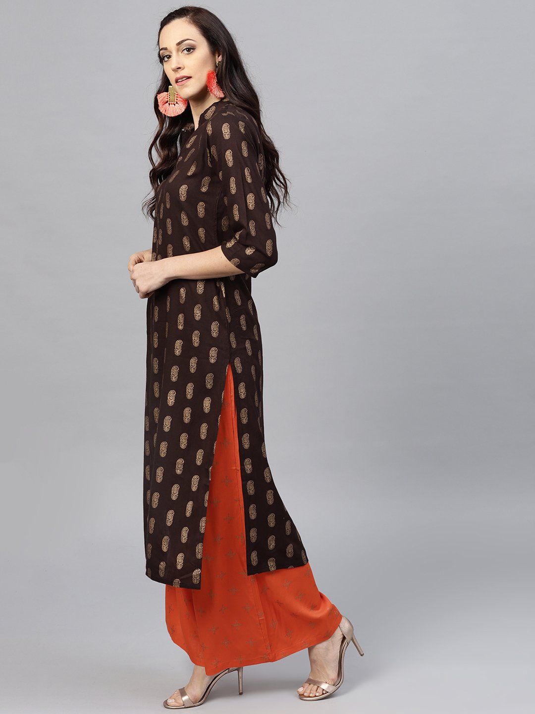 Dark Brown printed Kurta set with Orange printed Palazzo | NOZ2TOZ - Made In INDIA.