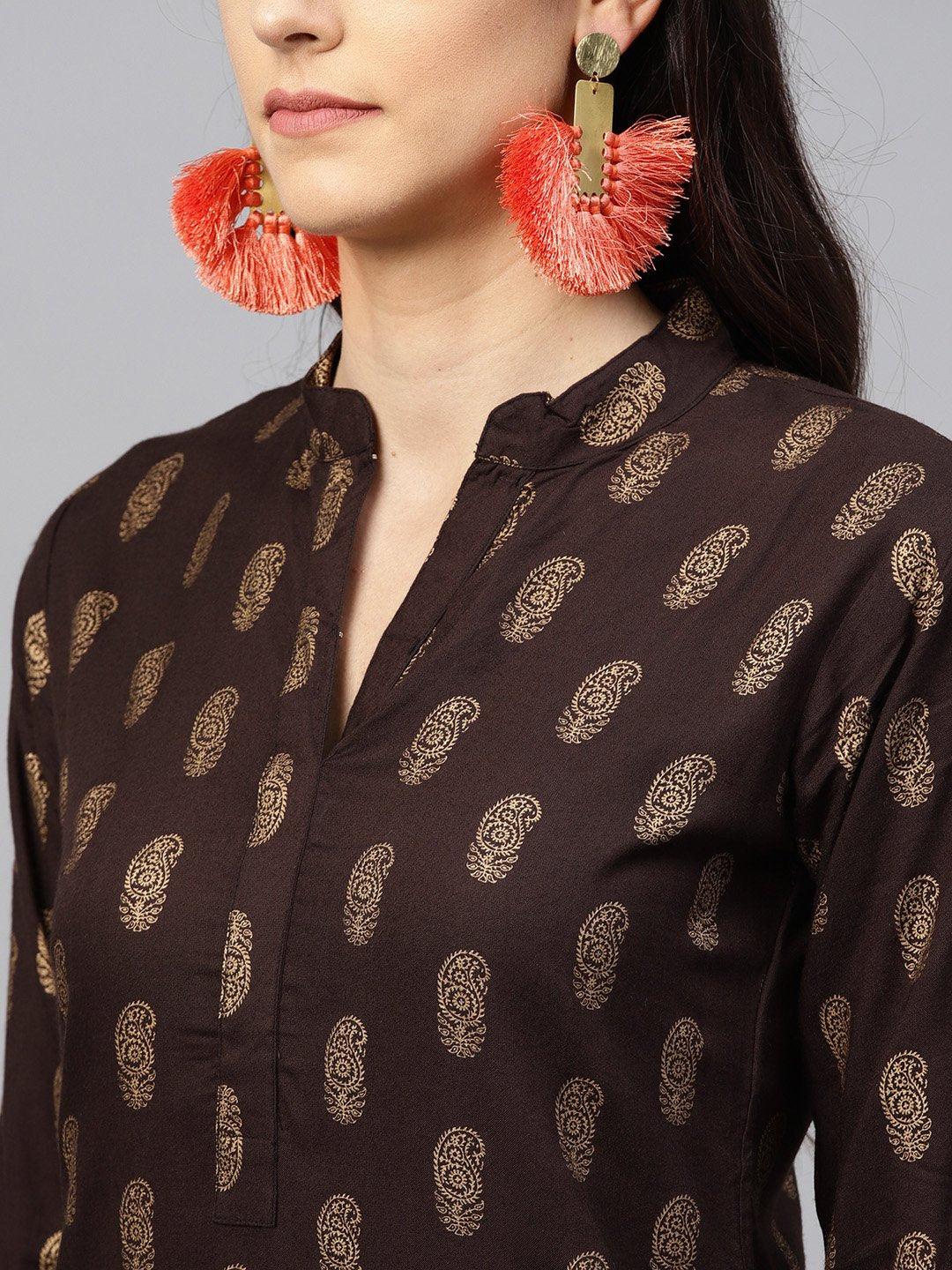 Dark Brown printed Kurta set with Orange printed Palazzo | NOZ2TOZ - Made In INDIA.