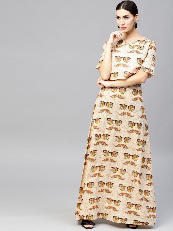 Beige printed Peter pan collar blouse with floor length flared ion skirt | NOZ2TOZ - Made In INDIA.