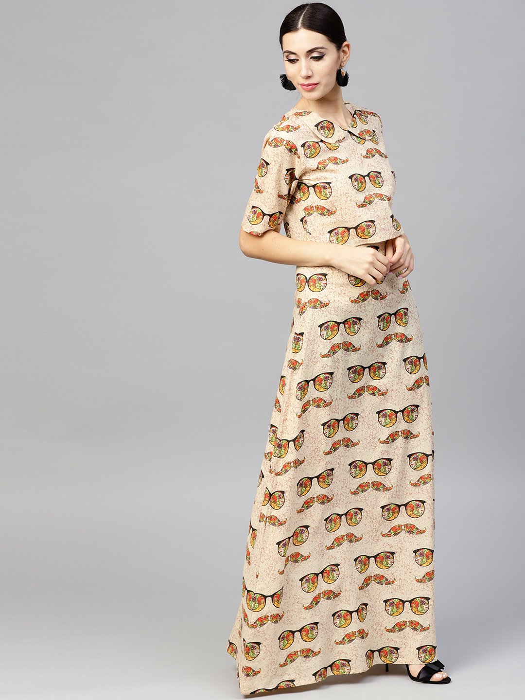 Beige printed Peter pan collar blouse with floor length flared ion skirt | NOZ2TOZ - Made In INDIA.