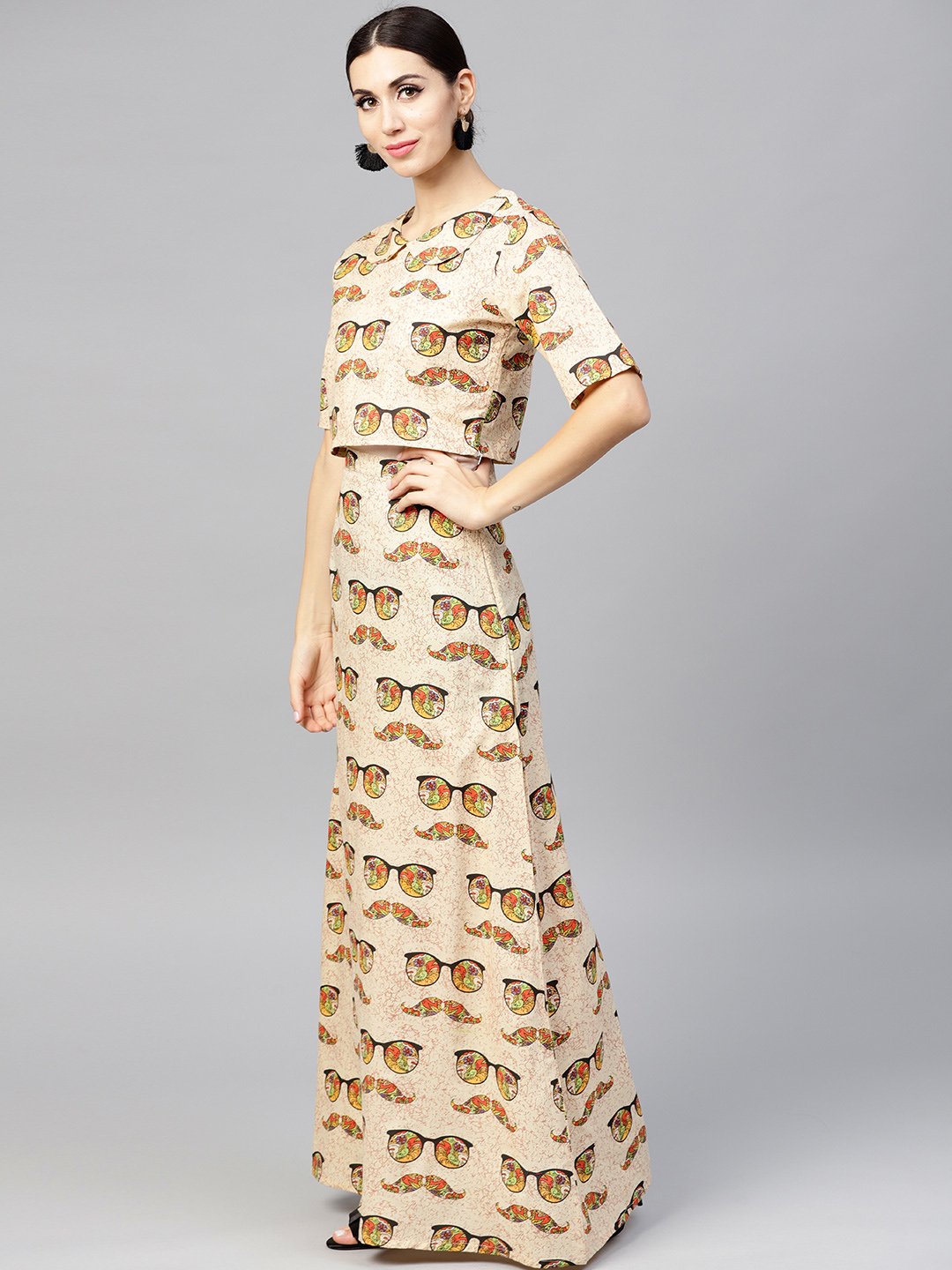 Beige printed Peter pan collar blouse with floor length flared ion skirt | NOZ2TOZ - Made In INDIA.