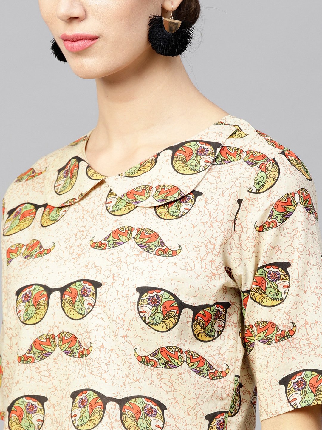 Beige printed Peter pan collar blouse with floor length flared ion skirt | NOZ2TOZ - Made In INDIA.