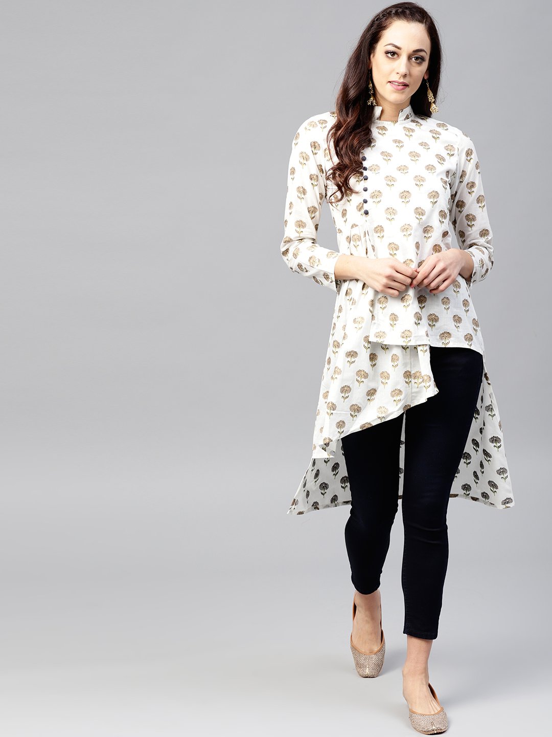 White Asymetric printed tunic with Madarin Collar and 3/4 sleeves | NOZ2TOZ - Made In INDIA.