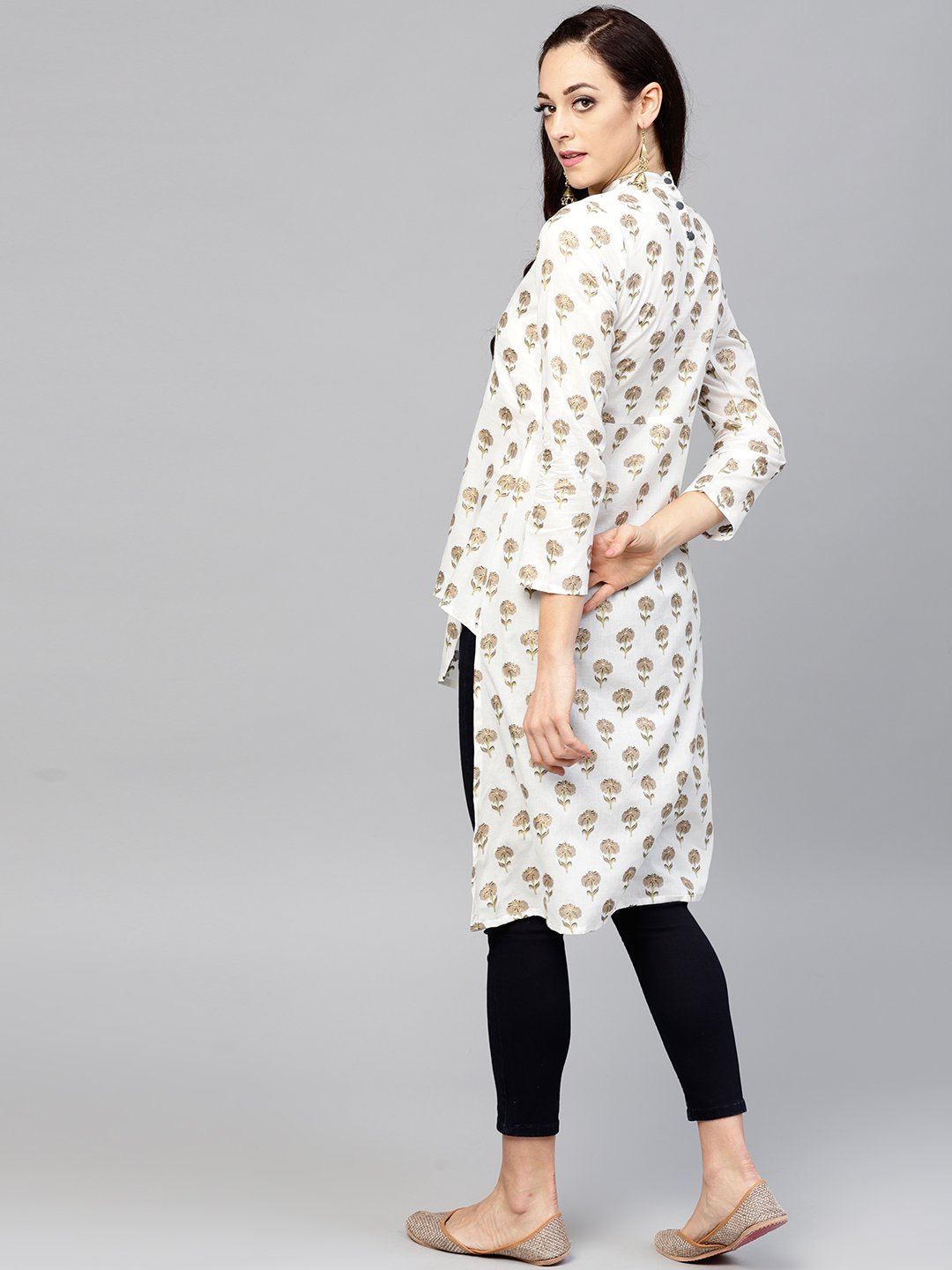 White Asymetric printed tunic with Madarin Collar and 3/4 sleeves | NOZ2TOZ - Made In INDIA.