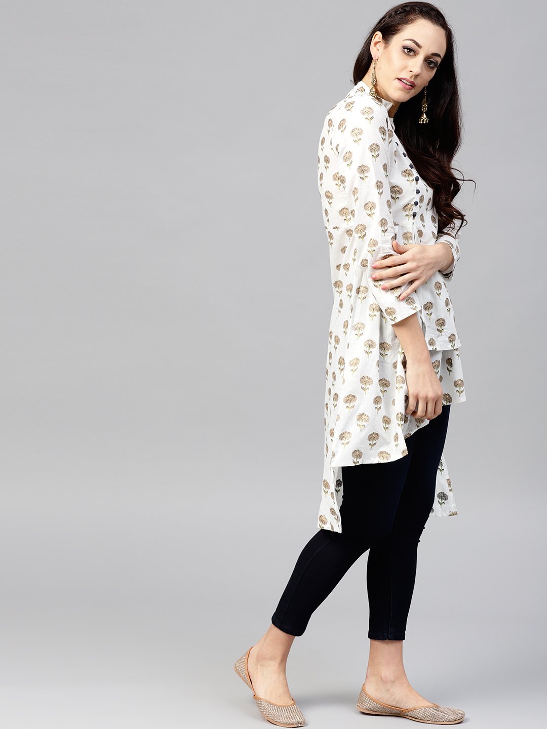 White Asymetric printed tunic with Madarin Collar and 3/4 sleeves | NOZ2TOZ - Made In INDIA.