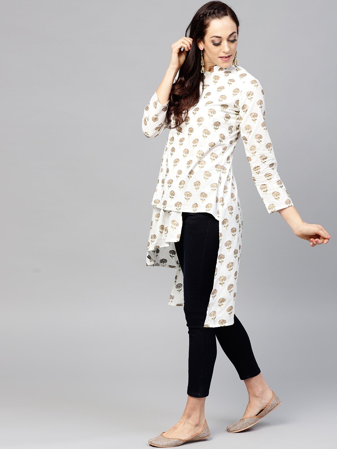 White Asymetric printed tunic with Madarin Collar and 3/4 sleeves | NOZ2TOZ - Made In INDIA.