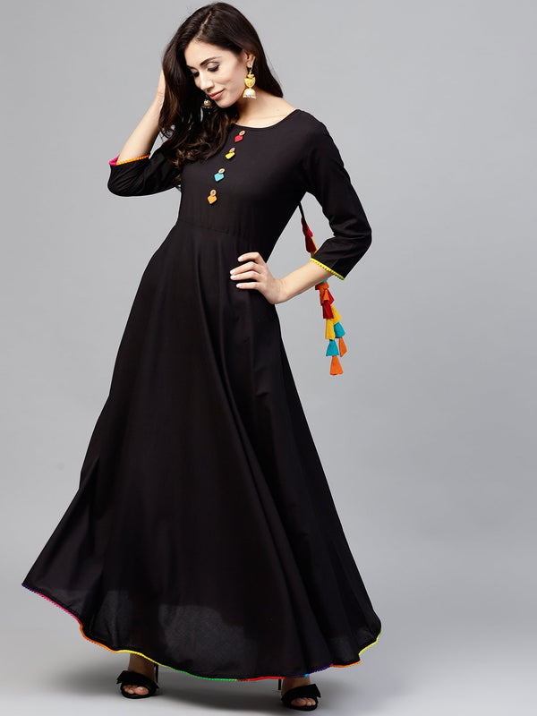 Black maxi dress with with round neck and 3/4 sleeves | NOZ2TOZ - Made In INDIA.