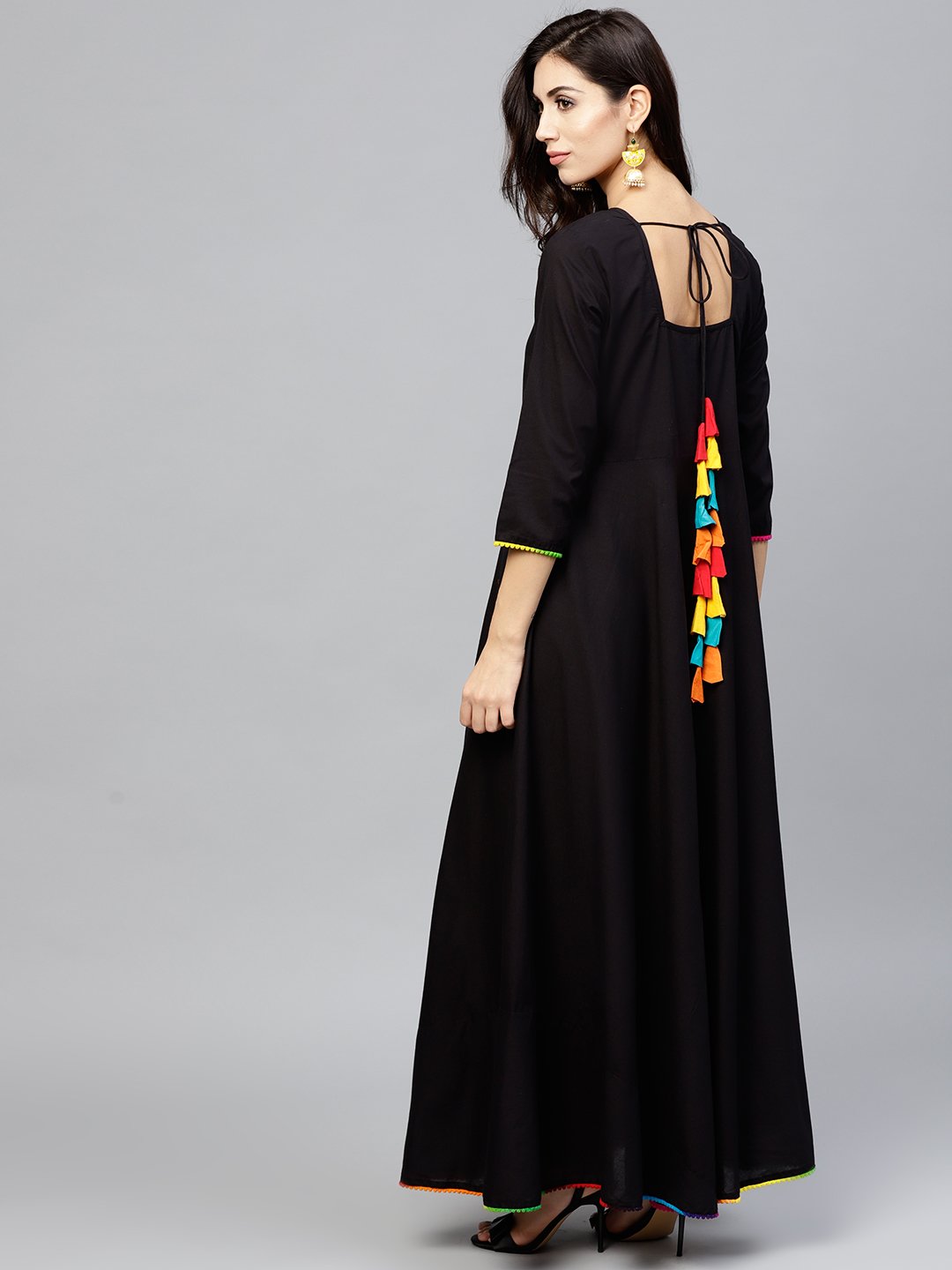 Black maxi dress with with round neck and 3/4 sleeves | NOZ2TOZ - Made In INDIA.