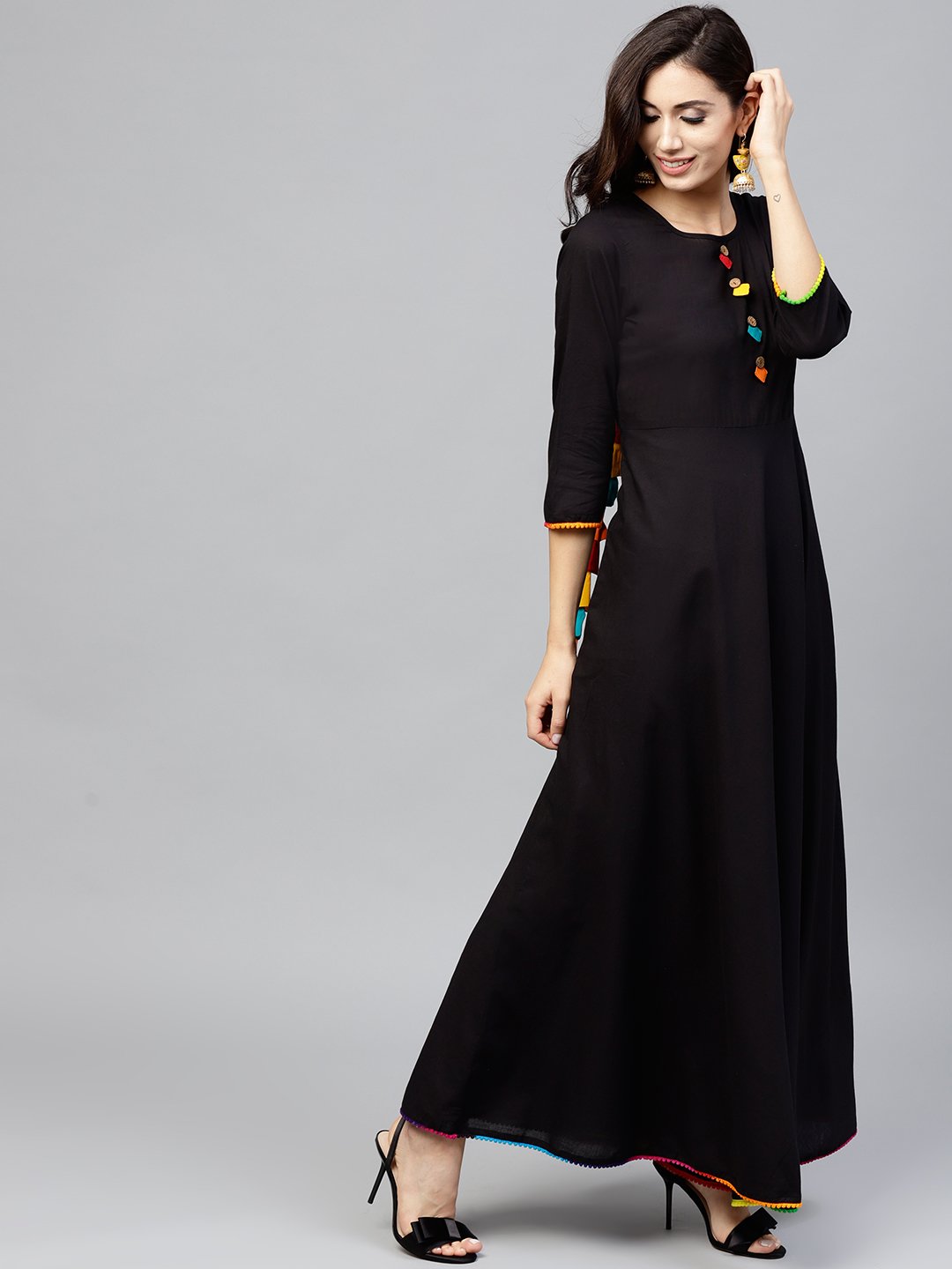 Black maxi dress with with round neck and 3/4 sleeves | NOZ2TOZ - Made In INDIA.