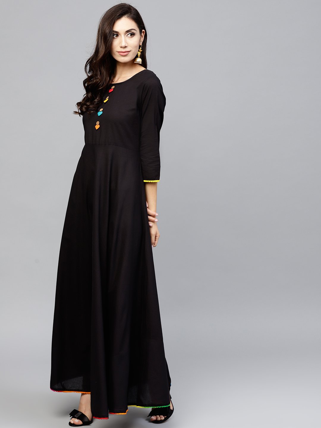 Black maxi dress with with round neck and 3/4 sleeves | NOZ2TOZ - Made In INDIA.