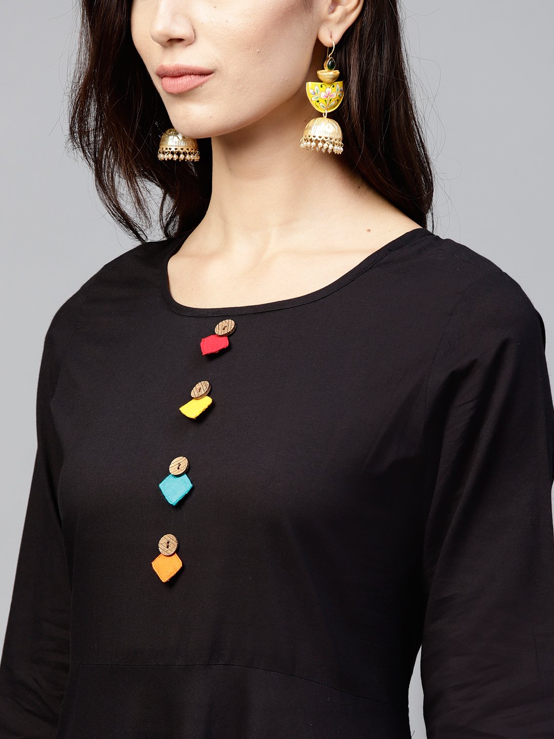 Black maxi dress with with round neck and 3/4 sleeves | NOZ2TOZ - Made In INDIA.