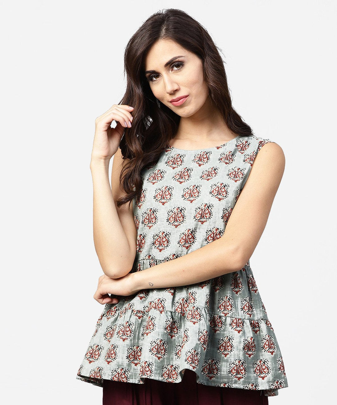 Green printed sleeveless cotton tiered style tunic | NOZ2TOZ - Made In INDIA.