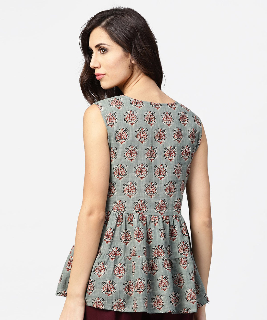 Green printed sleeveless cotton tiered style tunic | NOZ2TOZ - Made In INDIA.