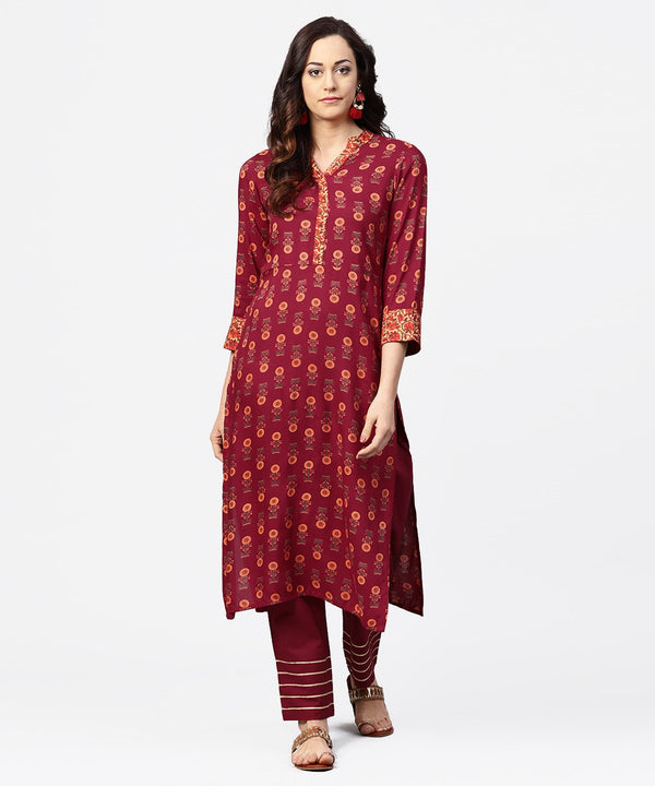 Maroon printed 3/4th sleeve cotton straight kurta | NOZ2TOZ - Made In INDIA.